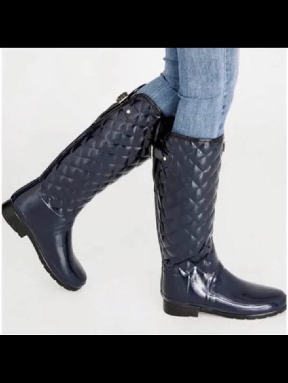 Hunter Refined Gloss Quilt Tall Boots in Navy